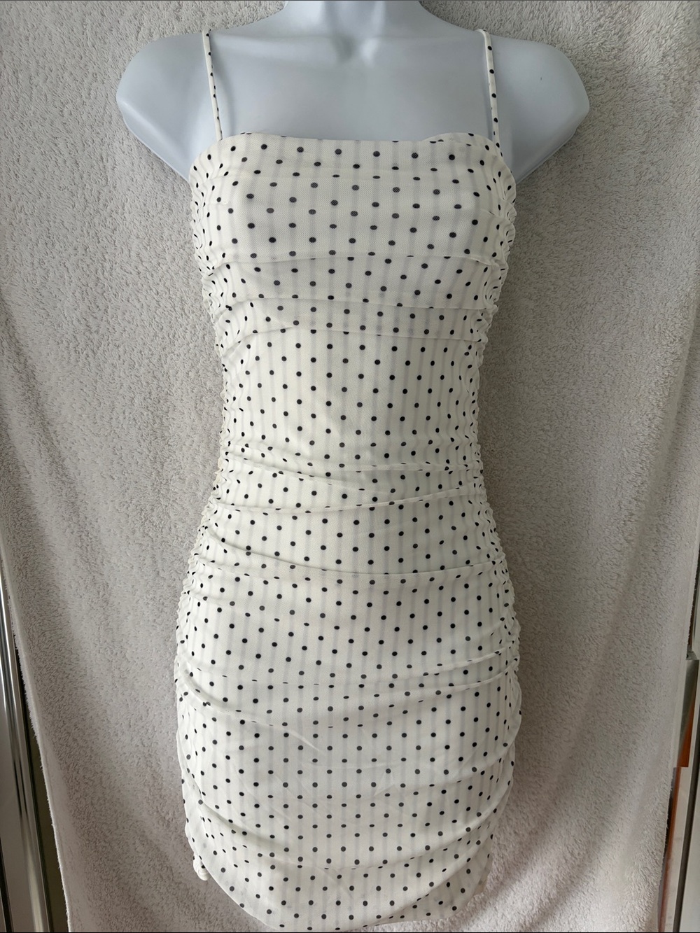 White Polka Dot Ruched Mini Dress with Spaghetti Straps